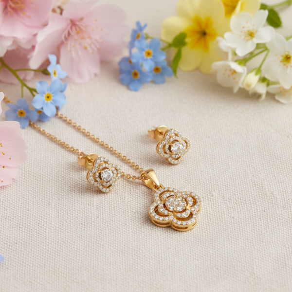 Clover Charm 10K Gold Earring and Pendant Set